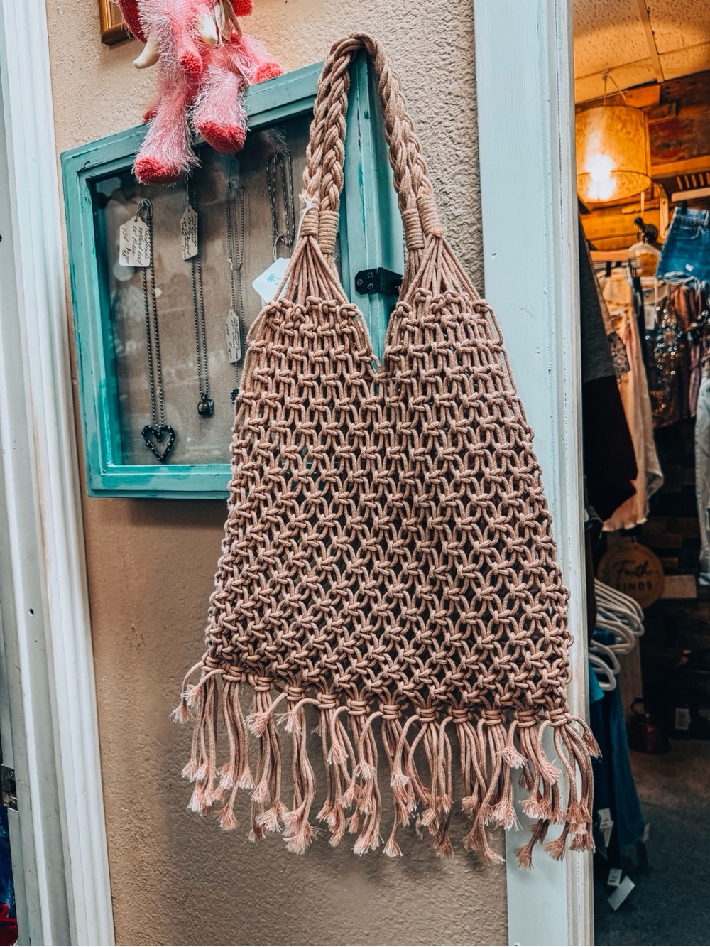 Handwoven Macramé Fringe Tote Bag in Blush